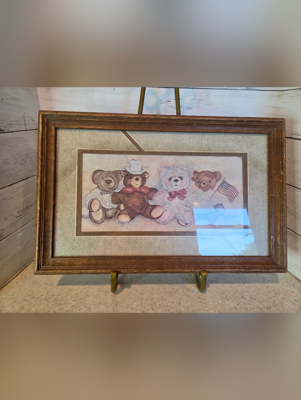 Vintage Ava Freeman Teddy Bear Framed Print Americana Flag Grandmacore Wall Art